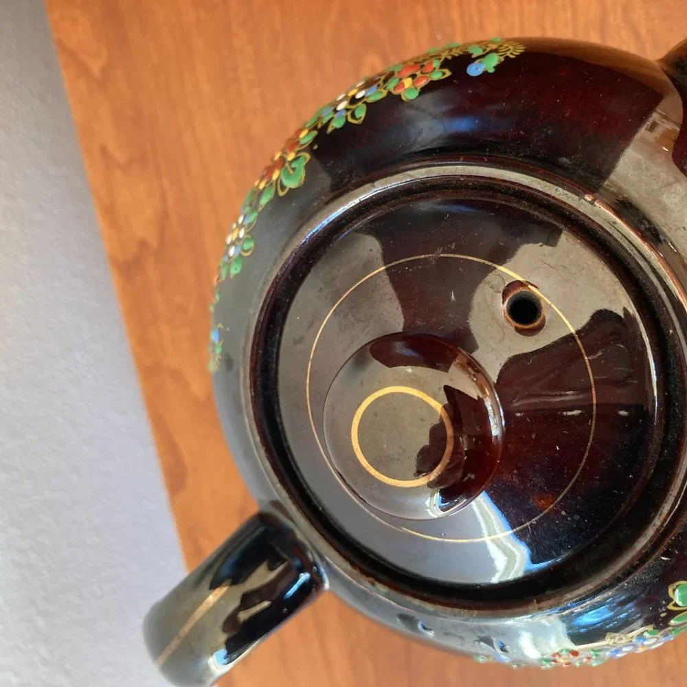 Vintage black hand painted teapot made in Japan. 4
